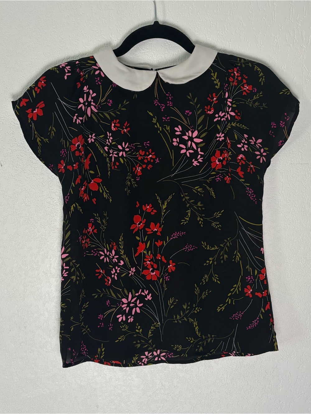 CeCe Black Floral Top with White Peter Pan Collar